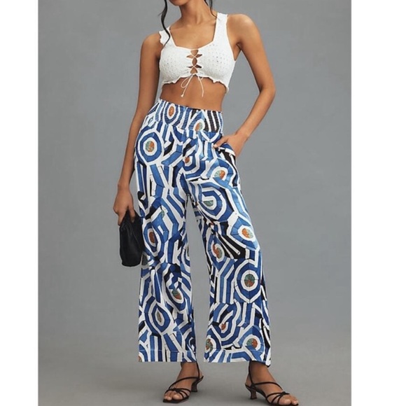 Anthropologie Maeve Women’s The Saria Smocked High Waist Wide Leg Printed Pants - Picture 1 of 12